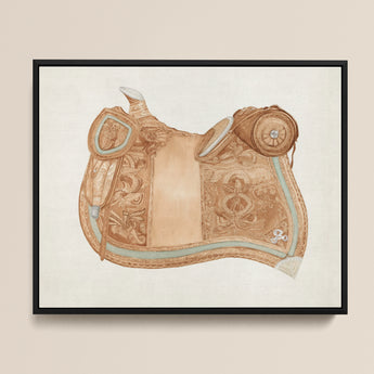 Detailed Watercolor Illustration Tan Leather Western Saddle Intricate 1930s Equestrian Art, Mesmerizing, Woods