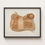 Detailed Watercolor Painting Tan Leather Western Saddle Intricate 1930s Equestrian Art, Mesmerizing, Woods