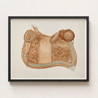 Detailed Watercolor Painting Tan Leather Western Saddle Intricate 1930s Equestrian Art, Mesmerizing, Woods