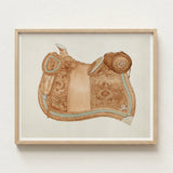 Detailed Watercolor Illustration Tan Leather Western Saddle Intricate 1930s Equestrian Art, Mesmerizing, Woods