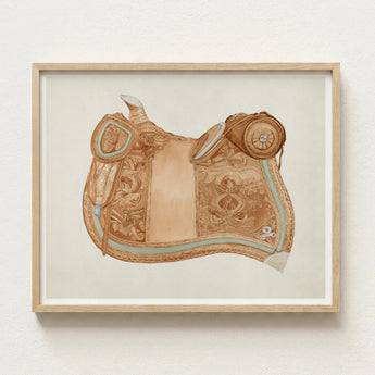 Detailed Watercolor Illustration Tan Leather Western Saddle Intricate 1930s Equestrian Art, Mesmerizing, Woods