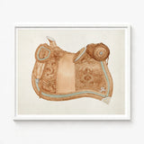 Detailed Watercolor Illustration Tan Leather Western Saddle Intricate 1930s Equestrian Art, Mesmerizing, Woods