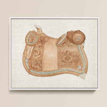 Detailed Illustration Tan Leather Western Saddle Ornate Tooled 1930s Equestrian Art, Mesmerizing, Woods