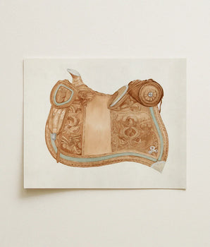 Detailed Watercolor Illustration Tan Leather Western Saddle Intricate 1930s Equestrian Art, Mesmerizing, Woods