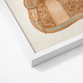 Detailed Illustration Ornate Tan Leather Saddle Gold-toned Metal 1930s Equestrian Art, Mesmerizing, Woods