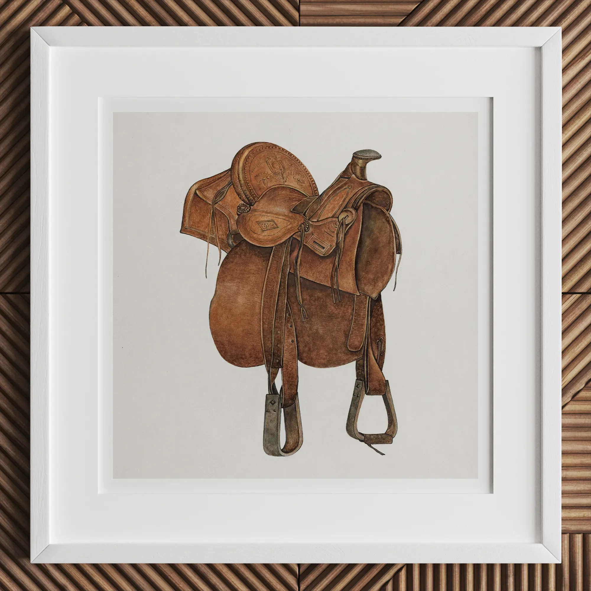Leather Saddle - William Mcauley 1930s Equestrian Art Print, 12x12’’ / 31x31cm / White Frame, Brown Leather Western Saddle Stirrups