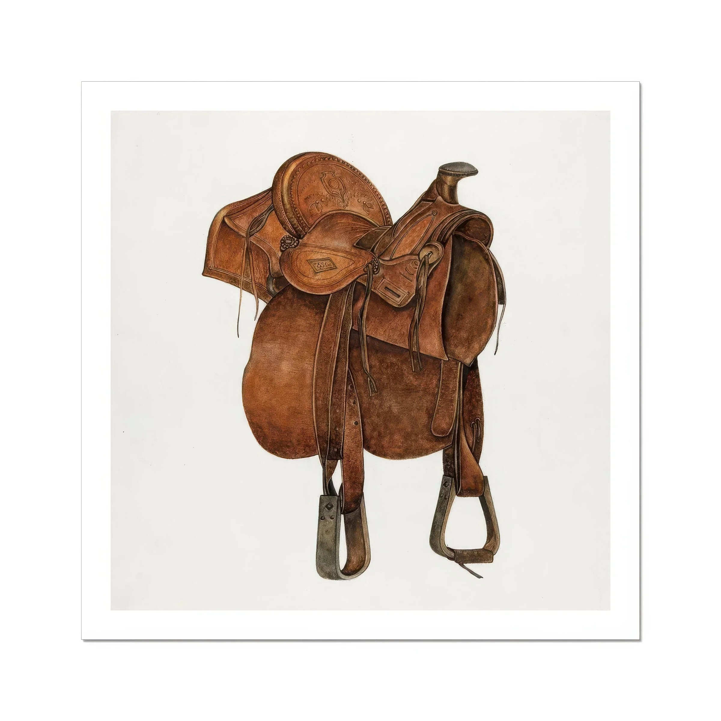 Leather Saddle William Mcauley 1930s Equestrian Art Print, Brown Leather Western Saddle Stirrups Decorative Tooling