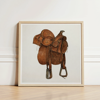 Leather Saddle - William Mcauley 1930s Equestrian Art Print / Canvas Brown Western Illustration Light Wood Frame, Prints