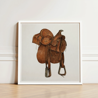 Leather Saddle - William Mcauley 1930s Equestrian Art Print / Canvas Brown Western Illustration White Frame, Prints