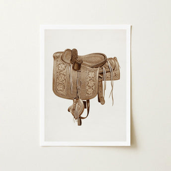 Leather Side Saddle - Frank C. Barks Equestrian Art Print / Canvas Sepia-toned Illustration Western Intricate Floral Tooling Decorative,
