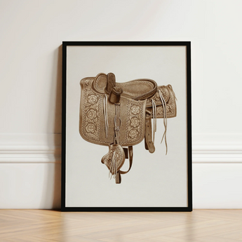 Detailed Sepia-toned Illustration Western Saddle Framed Black Barks Equestrian Art, Print, Elegance