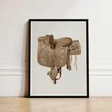 Sepia-toned Framed Illustration Intricately Tooled Leather Western Saddle Barks Equestrian Art, Print, Elegance