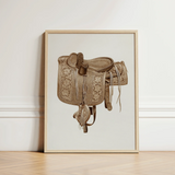Framed Illustration Tan Intricately Tooled Leather Western Saddle Barks Equestrian Art, Print, Elegance