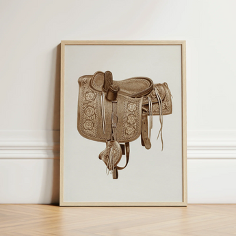 Framed Illustration Tan Intricately Tooled Leather Western Saddle Barks Equestrian Art, Print, Elegance
