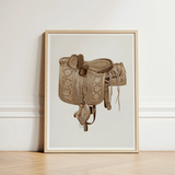 Detailed Sepia-toned Illustration Western Saddle Intricate Floral Geometric Barks Equestrian Art, Print, Elegance