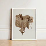 Framed Illustration Intricately Tooled Brown Leather Western Saddle Barks Equestrian Art, Print, Elegance
