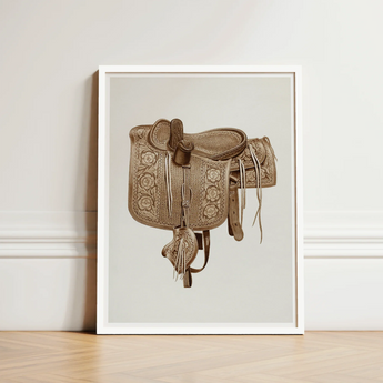 Framed Illustration Intricately Tooled Brown Leather Western Saddle Barks Equestrian Art, Print, Elegance