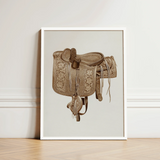 Detailed Sepia-toned Illustration Western Saddle Intricate Floral Geometric Barks Equestrian Art, Print, Elegance