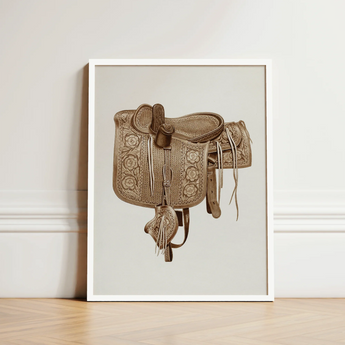 Detailed Sepia-toned Illustration Western Saddle Intricate Floral Geometric Barks Equestrian Art, Print, Elegance