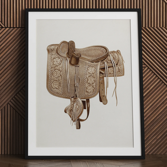 Leather Side Saddle - Frank C. Barks Equestrian Art Print / Canvas Detailed Sepia-toned Illustration Ornate Western Saddle Intricate Floral