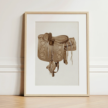 Leather Side Saddle - Frank C. Barks Equestrian Art Print / Canvas Detailed Sepia-toned Illustration Western Saddle Intricate Floral