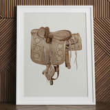 Leather Side Saddle - Frank C. Barks Equestrian Art Print / Canvas Detailed Sepia-toned Illustration Western Saddle Intricate Floral