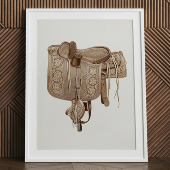 Leather Side Saddle - Frank C. Barks Equestrian Art Print / Canvas Detailed Sepia-toned Illustration Western Saddle Intricate Floral
