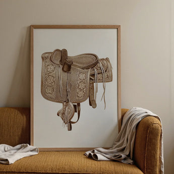 Leather Side Saddle - Frank C. Barks Equestrian Art Print / Canvas Framed Illustration Detailed Tan Leather Western Saddle Intricate Barks