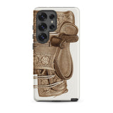Leather Side Saddle - Frank C. Barks Samsung Case, Galaxy S25 Ultra / Matte, Smartphone Case Intricate Brown Embossed Design Saddle Piece