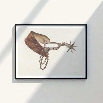 Detailed Illustration Vintage-style Horse Spur Brown Leather Strap Vera Van Voris, 1930s, Farmhouse