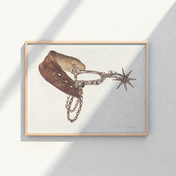 Detailed Illustration Vintage-style Horse Spur Brown Leather Strap Vera Van Voris, 1930s, Farmhouse