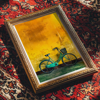 Lemon Lime - Hoi an Vietnam Bicycle Art Print, Framed Artwork Turquoise Bicycle Golden Sky