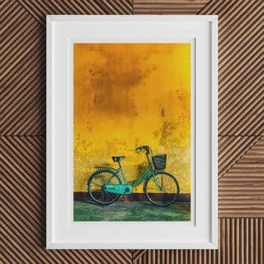 Lemon Lime - Hoi an Vietnam Bicycle Art Print, Turquoise Bicycle Basket Yellow Wall