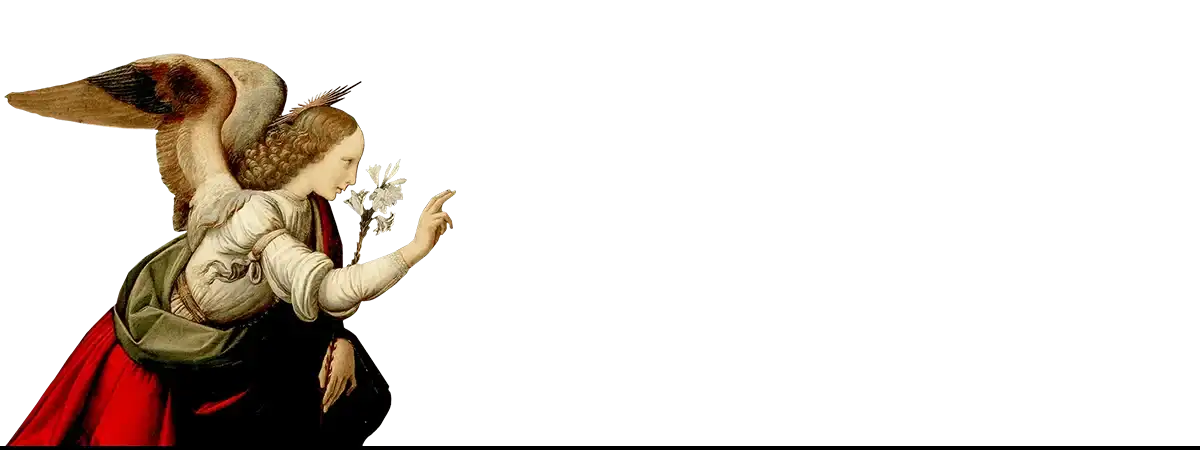 Kneeling angel with wings and flowers in Clos Lucé related to Leonardo da Vinci artwork