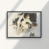 Black-framed Artwork Two Nude Women Broomstick Stark Black Witches Fuse, Jean Vebar Art Print, Ocher Air