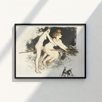 Black-framed Artwork Two Nude Women Broomstick Stark Black Witches Fuse, Jean Vebar Art Print, Ocher Air