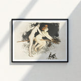Black-framed Artwork Two Nude Women Broomstick Rendered Ink Witches Fuse, Jean Vebar Art Print, Ocher Air