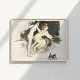 Framed Artwork Two Nude Figures Broomstick Rendered Black Witches Fuse, Jean Vebar Art Print, Ocher Air