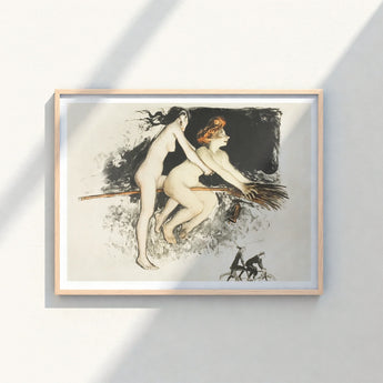 Framed Artwork Two Nude Figures Broomstick Rendered Black Witches Fuse, Jean Vebar Art Print, Ocher Air