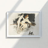 White-framed Artwork Two Nude Women Broomstick Dark Background Witches Fuse, Jean Vebar Art Print, Ocher Air