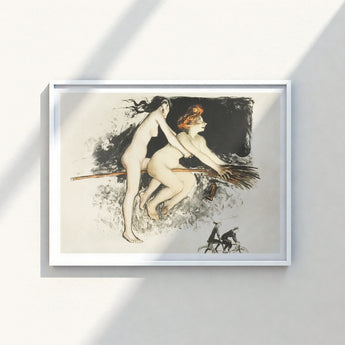 White-framed Artwork Two Nude Women Broomstick Dark Background Witches Fuse, Jean Vebar Art Print, Ocher Air