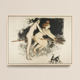 Les Sorcieres Ou Tandem - Jean Veber Art Print / Canvas Framed Artwork Two Nude Women Broomstick Rendered Black Witches Fuse, Jean Vebar