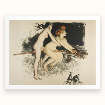 Les Sorcieres Ou Tandem - Jean Veber Art Print / Canvas Framed Lithograph Two Nude Women Broomstick Men Bicycles Witches Fuse, Jean Vebar