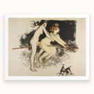 Les Sorcieres Ou Tandem - Jean Veber Art Print, Framed Lithograph Two Nude Women Broomstick Men Bicycles