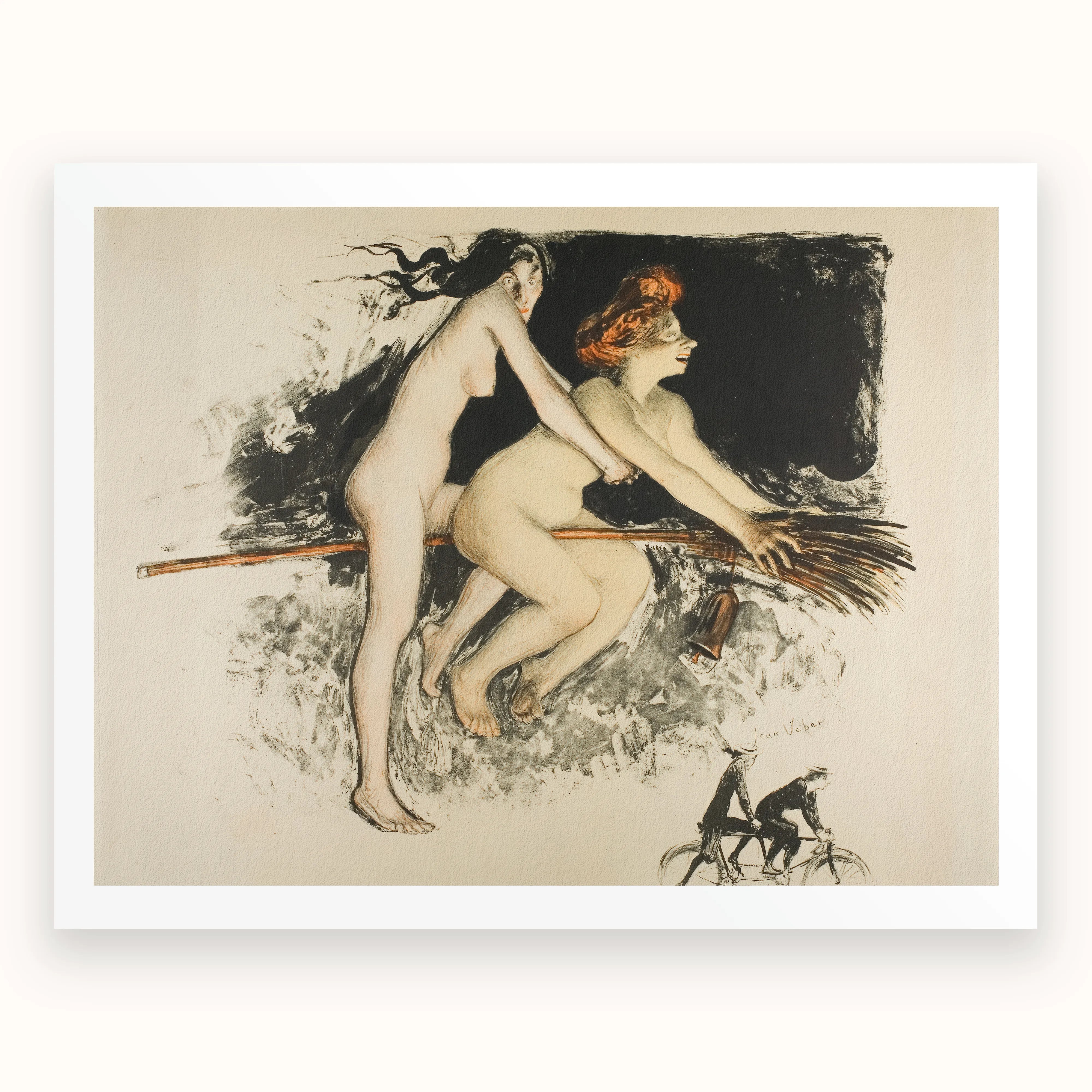 Les Sorcieres Ou Tandem - Jean Veber Art Print, Framed Lithograph Two Nude Women Broomstick Men Bicycles