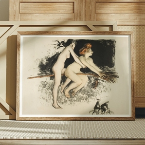 Les Sorcieres Ou Tandem - Jean Veber Art Print, Framed Art Print Two Nude Women Broomstick