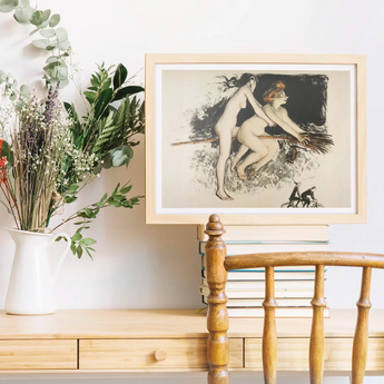 Les Sorcieres Ou Tandem - Jean Veber Art Print, Framed Art Print Two Nude Women Broomstick