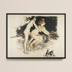 Les Sorcieres Ou Tandem - Jean Veber Framed Canvas, 16x12’’ / 41x31cm / Black Floating Frame, Framed Art Print Two Nude Women Broomstick