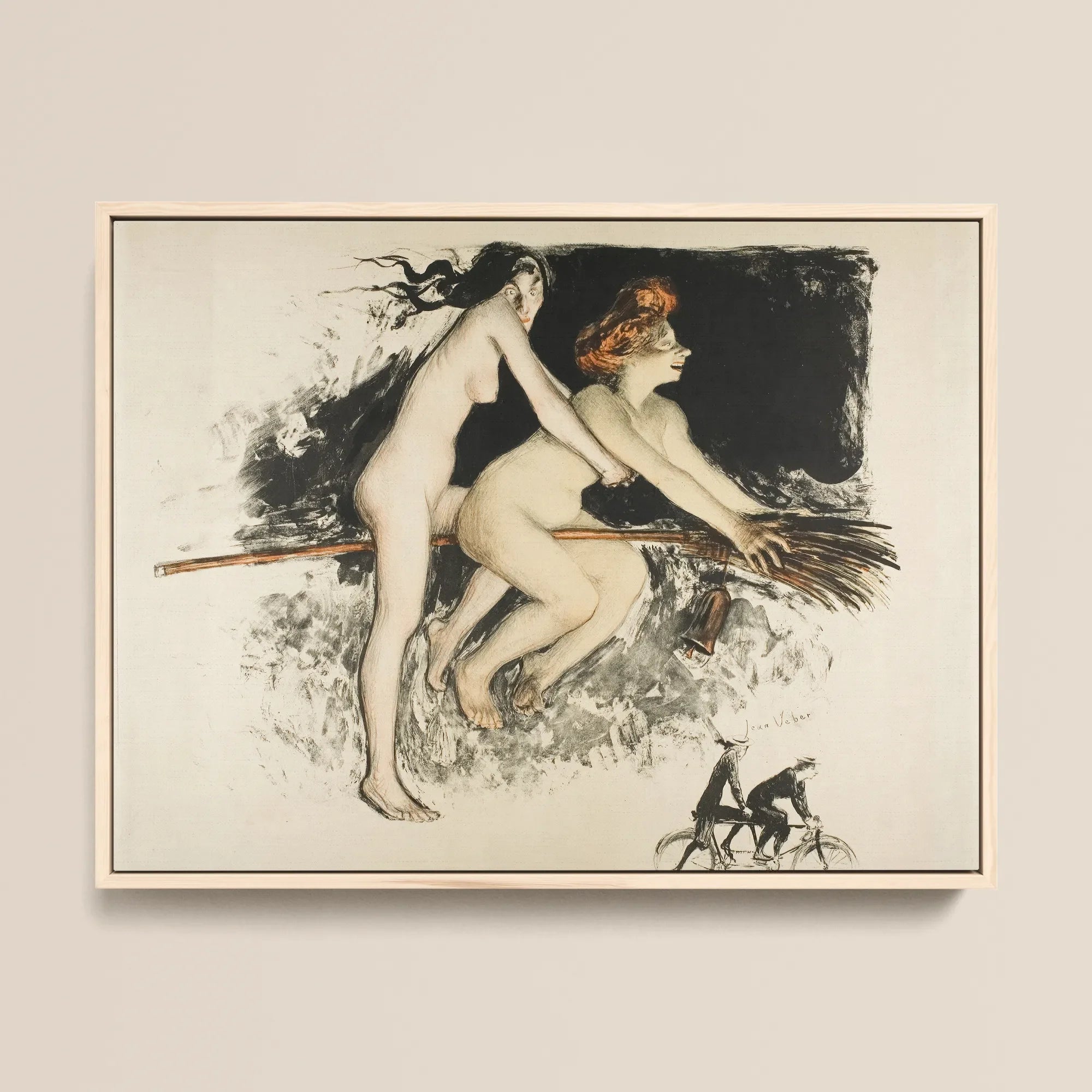 Les Sorcieres Ou Tandem - Jean Veber Framed Canvas, 16x12’’ / 41x31cm / Natural Floating Frame, Framed Lithograph Two Nude Women Broomstick