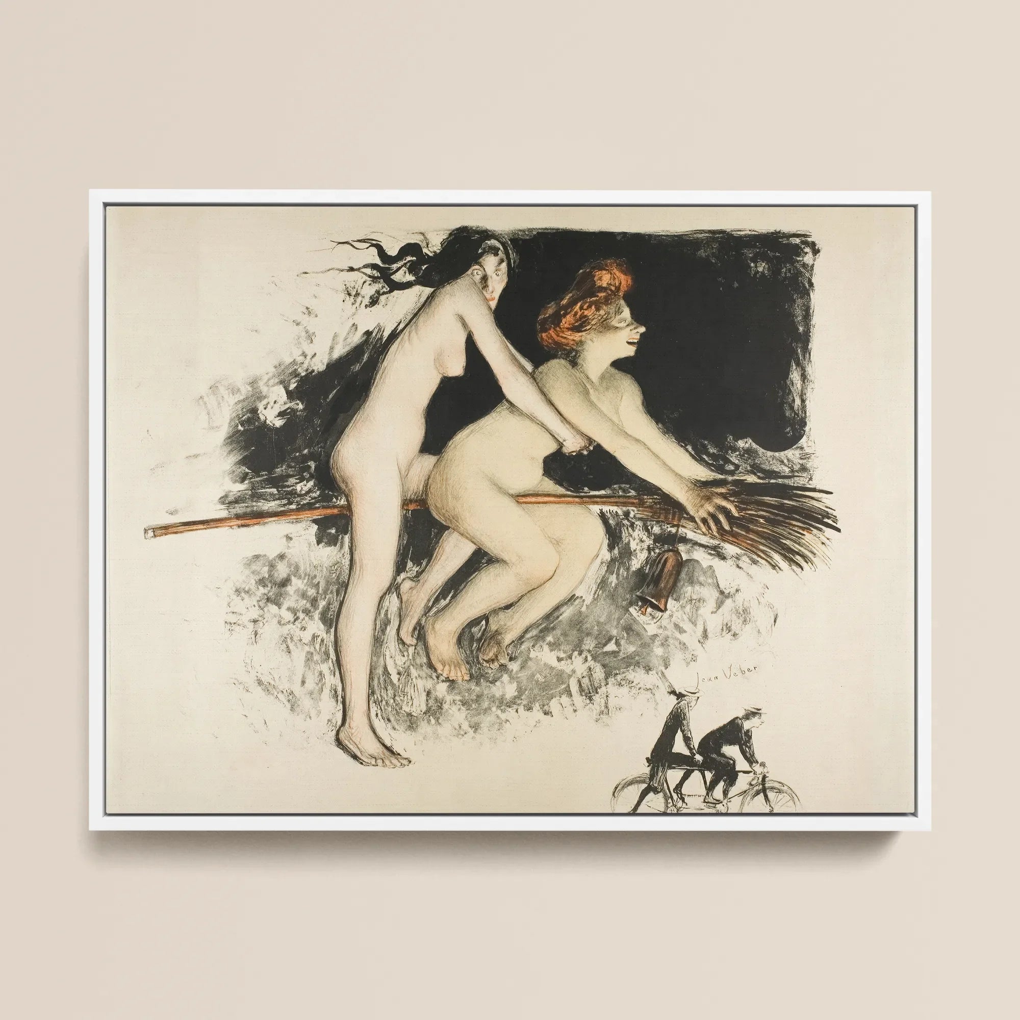 Les Sorcieres Ou Tandem - Jean Veber Framed Canvas, 16x12’’ / 41x31cm / White Floating Frame, Framed Art Print Two Nude Women Broomstick
